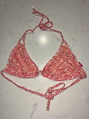 Lisa Curran Bikini Top Women’s Large Pink Cream Print Halter Tie Swimwear